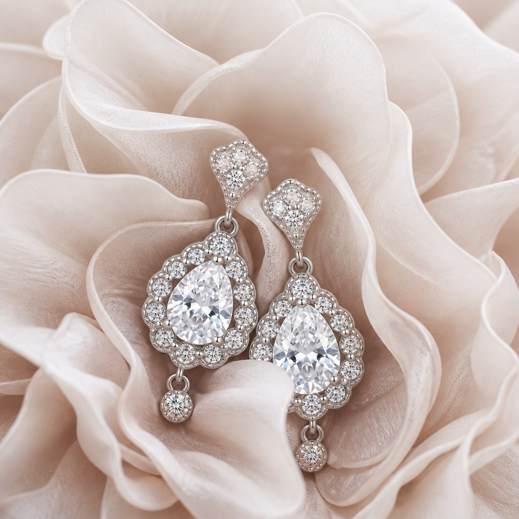 Pendientes de Novia estilo Chandlier con lagrima de circonitas brillantes
