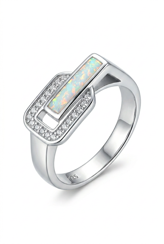 Anillo geometrico de plata de ley 925 con Opalo brillantes y circonitas