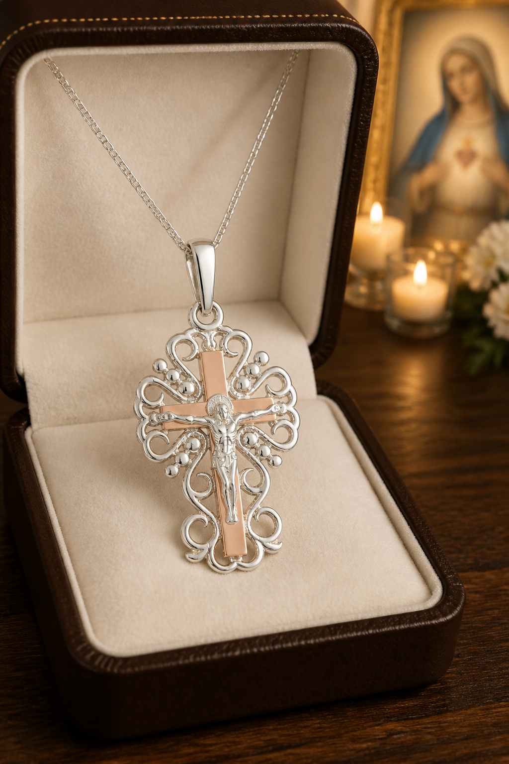 Colgante Cruz  de Plata de Ley con detalles de oro de 9 kl