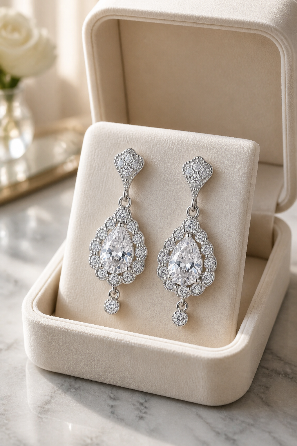 Pendientes de Novia estilo Chandlier con lagrima de circonitas brillantes