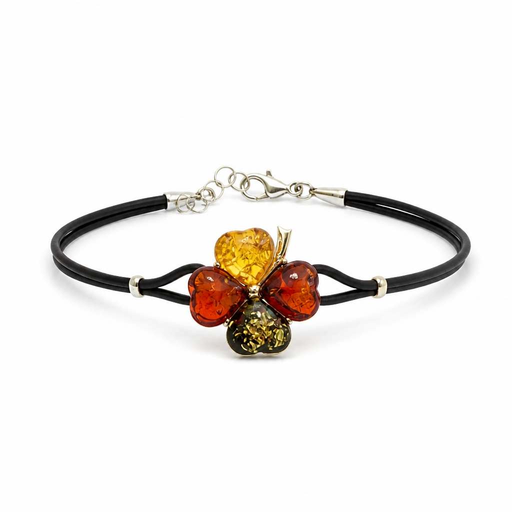Pulsera de ambar multicolor en forma de trebol.